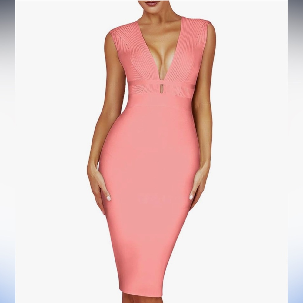 UONBOX Peach Sleeveless Deep Plunge V Neck Bandage Dress with Waist Straps